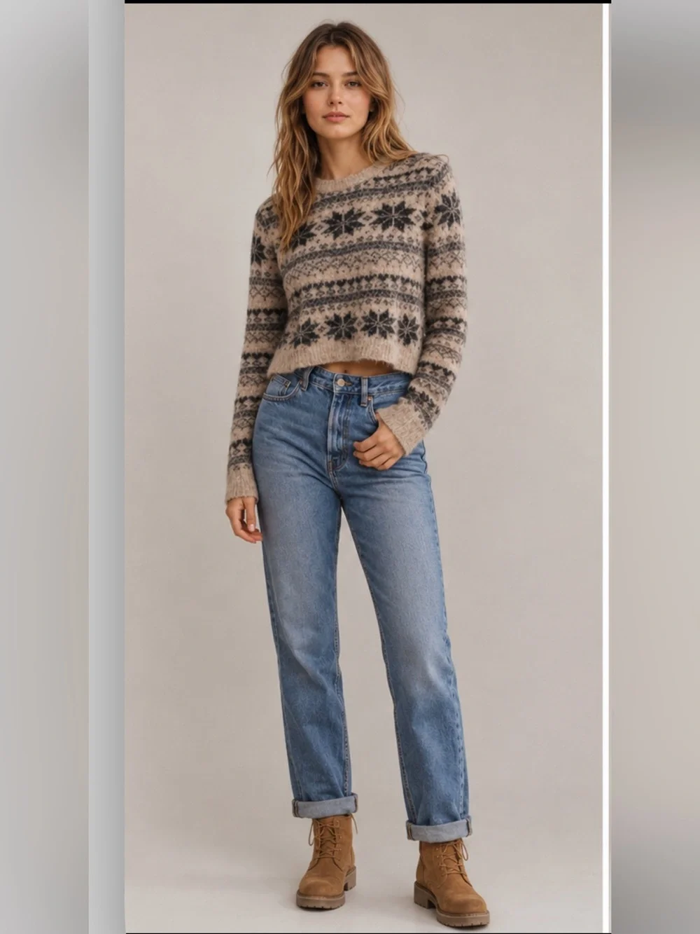 Free People one FP Fuzzy Sweater Small Cropped Nordic Snowflake Cozy Boho Cabin